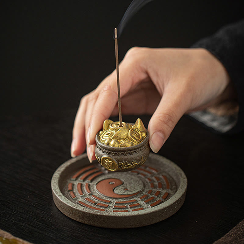 Buddha Stones Small Treasure Bowl Lucky Bag Bagua Tray Healing Ceramic Stick Incense Burner Decoration - image 1