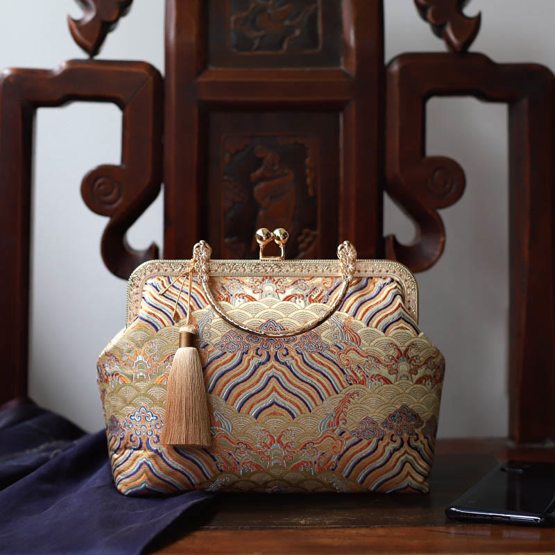 Buddha Stones Vintage Flower Butterfly Crane Sea Waves Metal Chain Crossbody Bag Shoulder Bag Handbag - Yellow Sea Waves 22*18*8cm - image 13