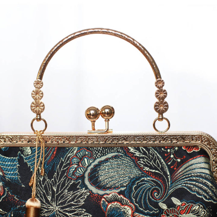 Buddha Stones Vintage Flower Butterfly Crane Sea Waves Metal Chain Crossbody Bag Shoulder Bag Handbag - image 5