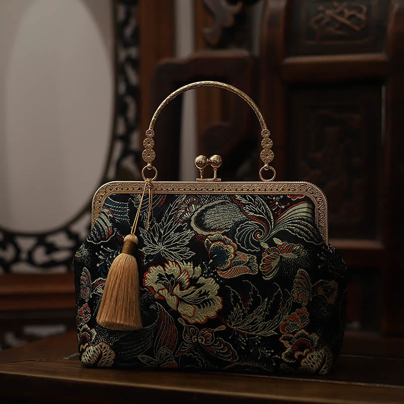 Buddha Stones Vintage Flower Butterfly Crane Sea Waves Metal Chain Crossbody Bag Shoulder Bag Handbag - image 6