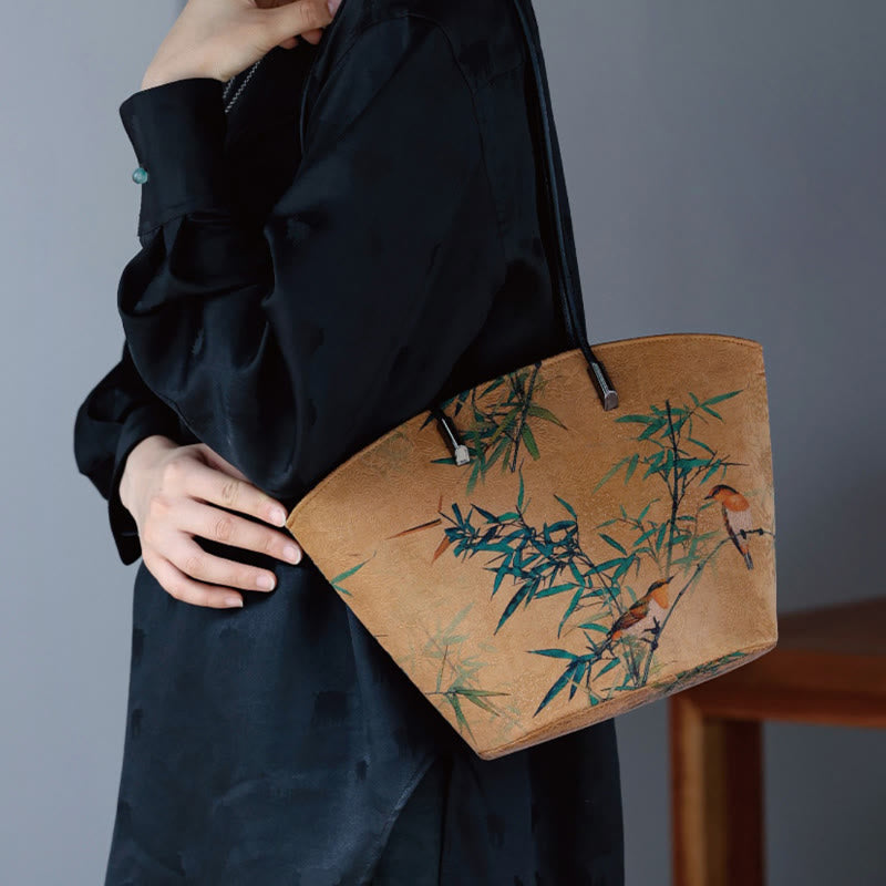 Buddha Stones Vintage Bamboo Magpie Peony Butterfly Large Capacity Shoulder Bag Handbag - Yellow Bamboo Magpie 22-32*19.5*11.5cm - image 0