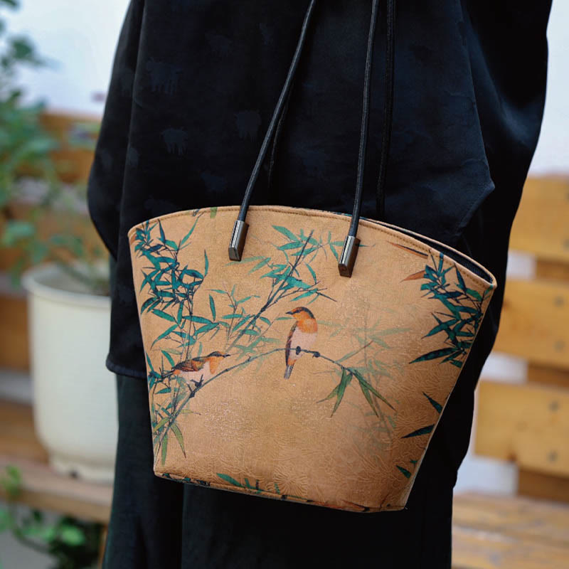 Buddha Stones Vintage Bamboo Magpie Peony Butterfly Large Capacity Shoulder Bag Handbag - image 2