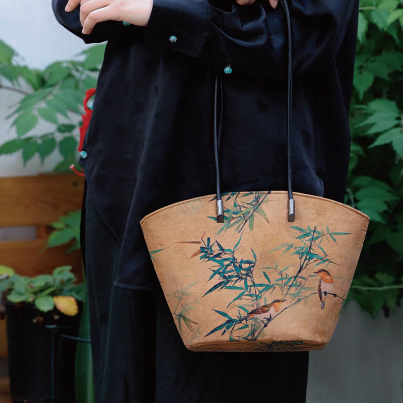 Buddha Stones Vintage Bamboo Magpie Peony Butterfly Large Capacity Shoulder Bag Handbag - image 3