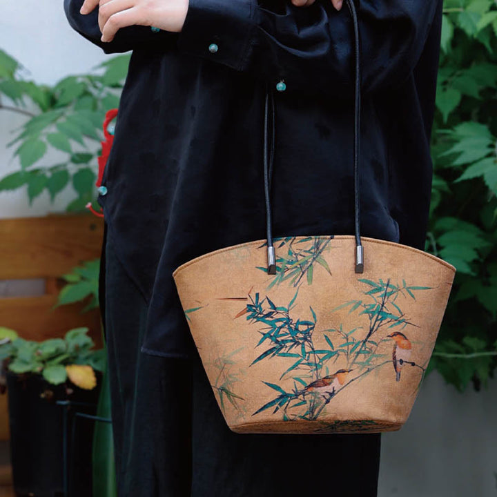 Buddha Stones Vintage Bamboo Magpie Peony Butterfly Large Capacity Shoulder Bag Handbag - image 3