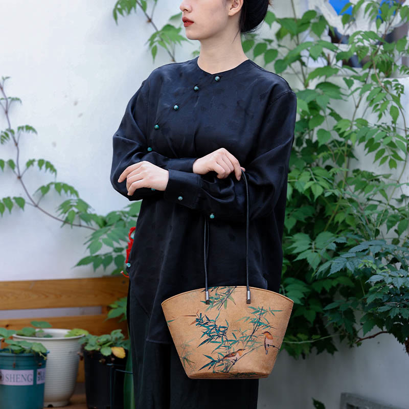 Buddha Stones Vintage Bamboo Magpie Peony Butterfly Large Capacity Shoulder Bag Handbag - image 5