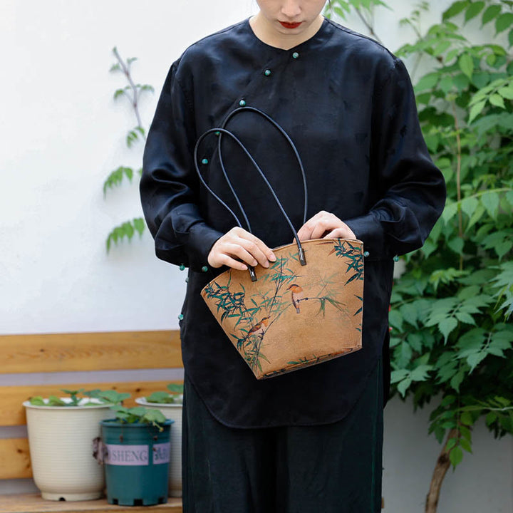 Buddha Stones Vintage Bamboo Magpie Peony Butterfly Large Capacity Shoulder Bag Handbag - image 6