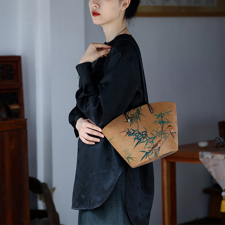 Buddha Stones Vintage Bamboo Magpie Peony Butterfly Large Capacity Shoulder Bag Handbag - image 8