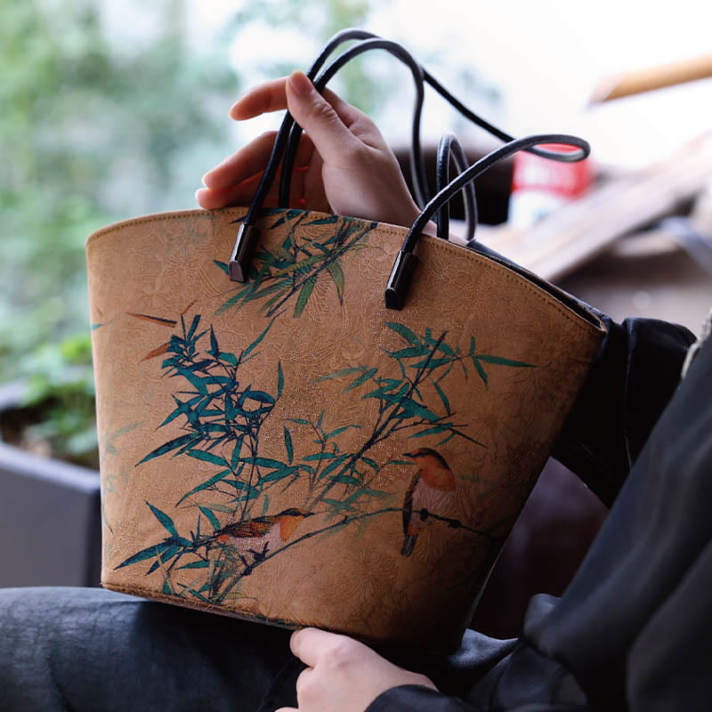 Buddha Stones Vintage Bamboo Magpie Peony Butterfly Large Capacity Shoulder Bag Handbag - image 1
