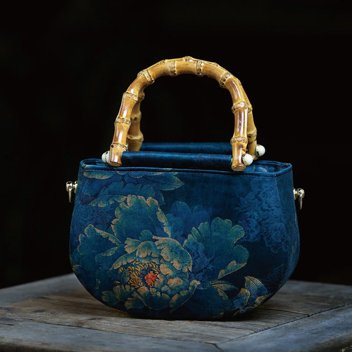 Buddha Stones Vintage Flower Peony Metal Chain Zipper Handbag Crossbody Bag Shoulder Bag - Dark Blue Peony 20*14*7cm - image 15