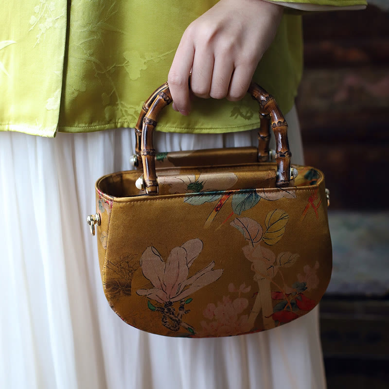 Buddha Stones Vintage Flower Peony Metal Chain Zipper Handbag Crossbody Bag Shoulder Bag - Yellow Flower Bamboo Handle 20*14*7cm - image 13