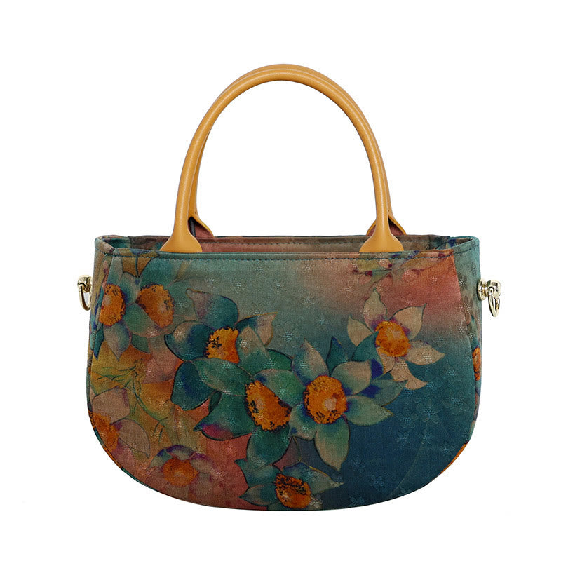 Buddha Stones Vintage Flower Peony Metal Chain Zipper Handbag Crossbody Bag Shoulder Bag - Green Orange Flower 20*14*7cm - image 14