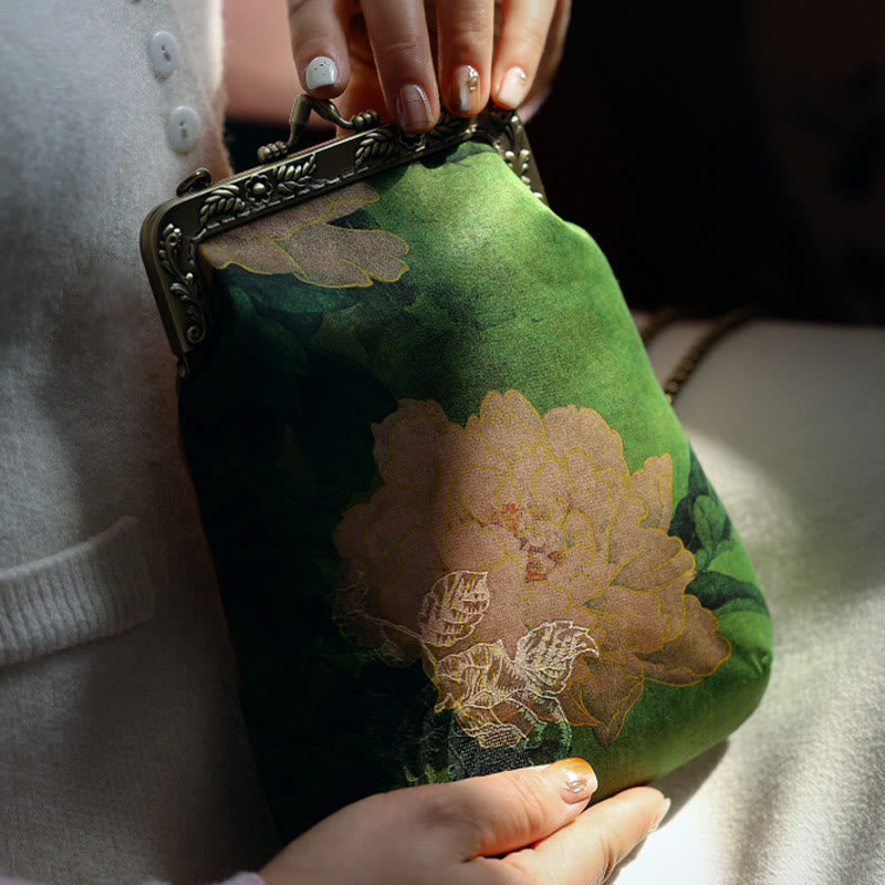 Buddha Stones Small Green Peony Butterfly Metal Chain Crossbody Bag Shoulder Bag Cellphone Bag - image 1