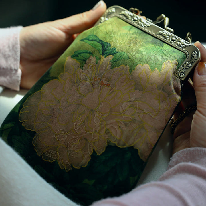 Buddha Stones Small Green Peony Butterfly Metal Chain Crossbody Bag Shoulder Bag Cellphone Bag - image 3