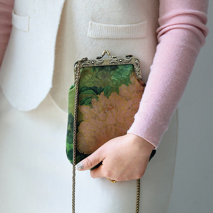 Buddha Stones Small Green Peony Butterfly Metal Chain Crossbody Bag Shoulder Bag Cellphone Bag - image 7