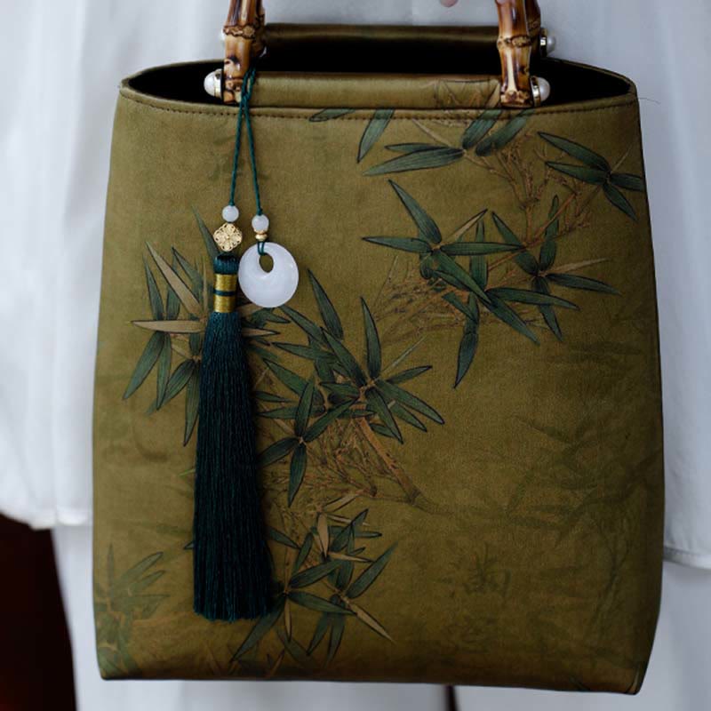 Buddha Stones Yellow Green Bamboo Leaves Bamboo Handles Handbag - image 2