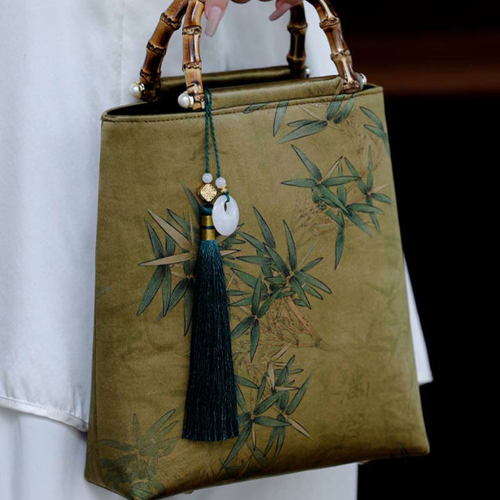 Buddha Stones Yellow Green Bamboo Leaves Bamboo Handles Handbag - image 11