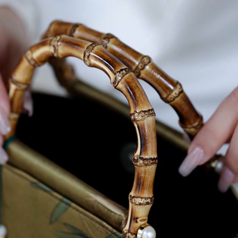 Buddha Stones Yellow Green Bamboo Leaves Bamboo Handles Handbag - image 3
