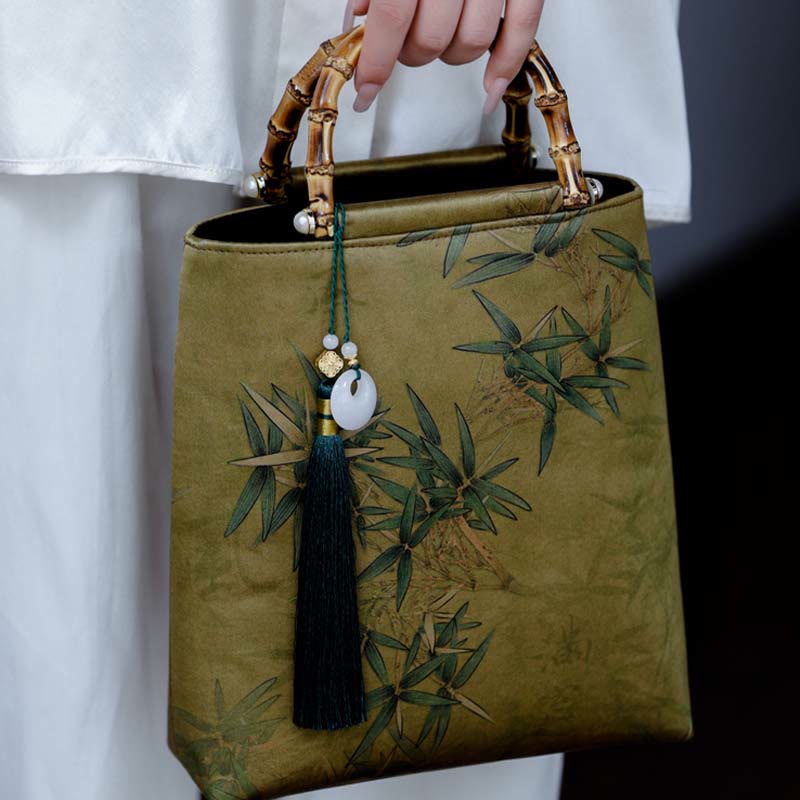 Buddha Stones Yellow Green Bamboo Leaves Bamboo Handles Handbag - image 7