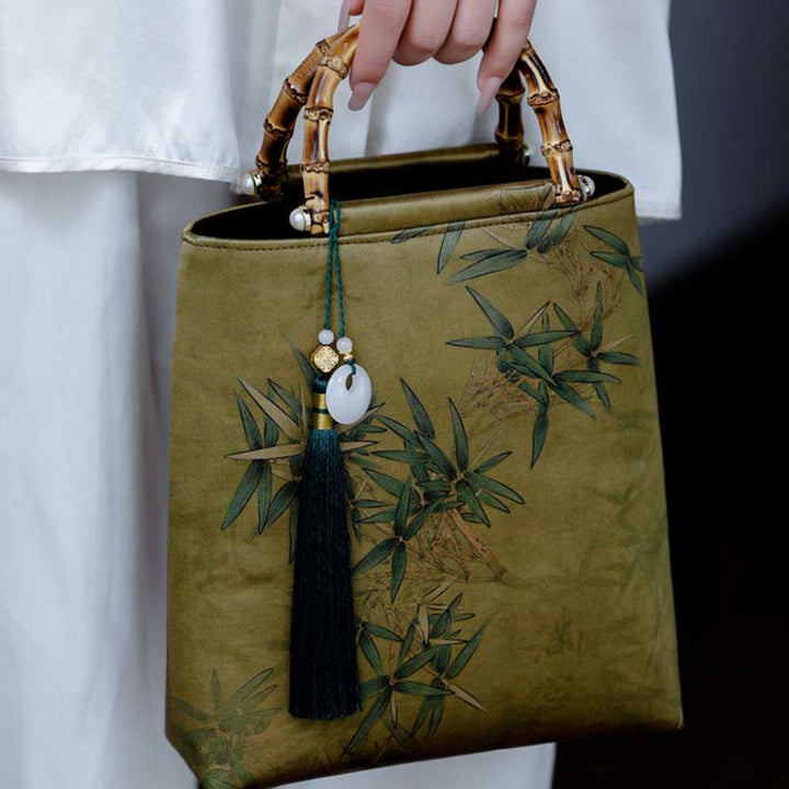 Buddha Stones Yellow Green Bamboo Leaves Bamboo Handles Handbag - image 7