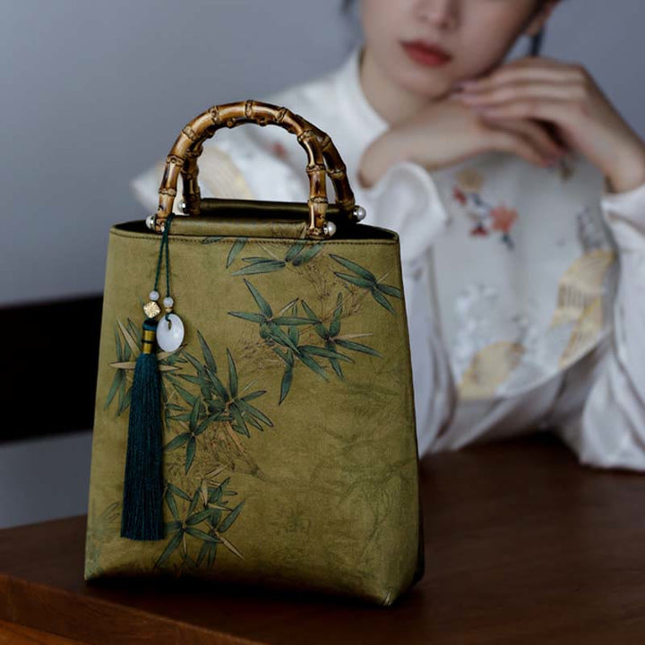 Buddha Stones Yellow Green Bamboo Leaves Bamboo Handles Handbag - image 8