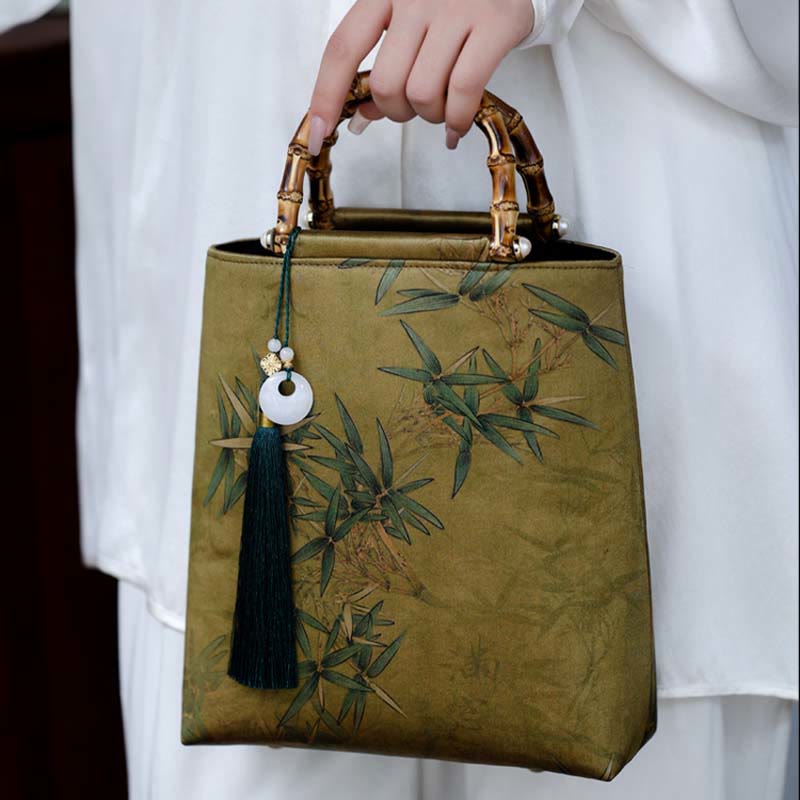 Buddha Stones Yellow Green Bamboo Leaves Bamboo Handles Handbag - image 9
