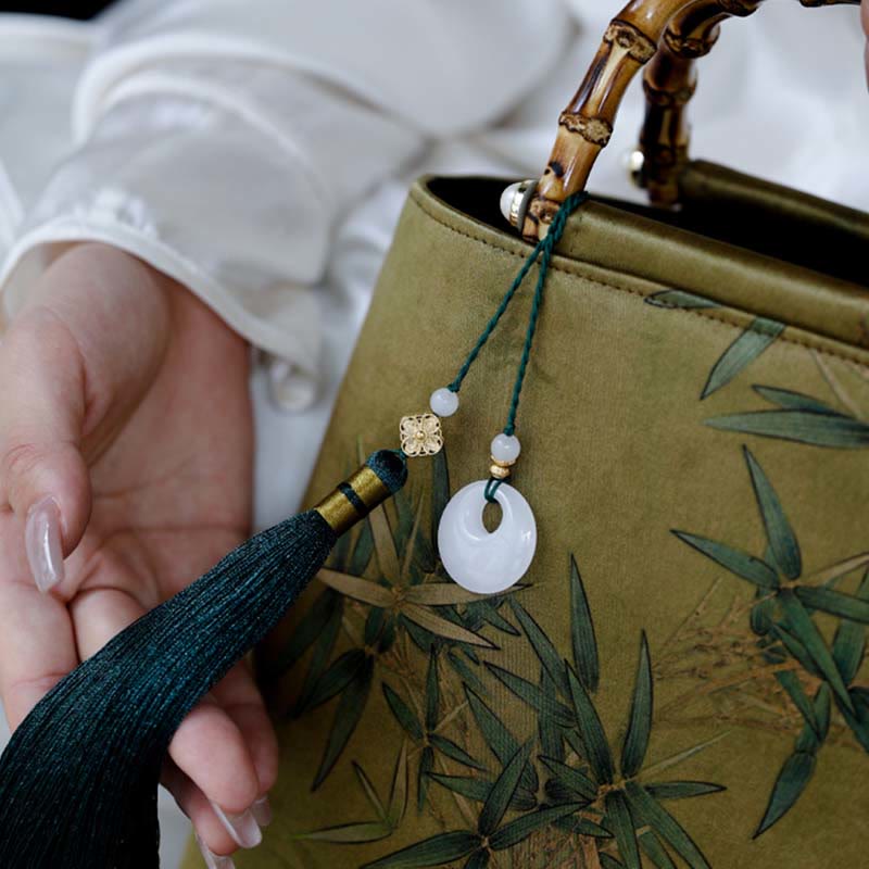 Buddha Stones Yellow Green Bamboo Leaves Bamboo Handles Handbag - image 14