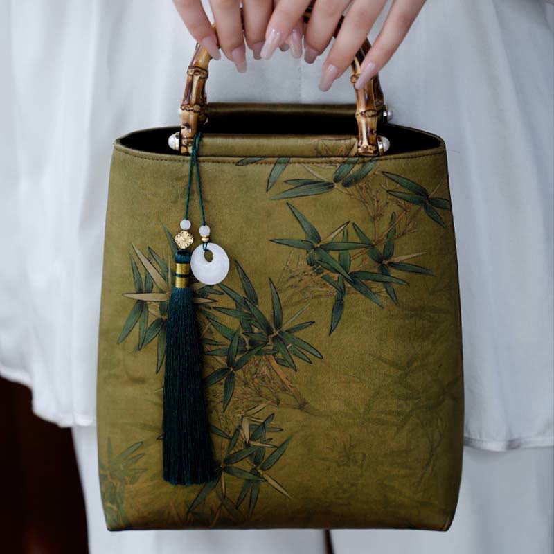 Buddha Stones Yellow Green Bamboo Leaves Bamboo Handles Handbag - image 10