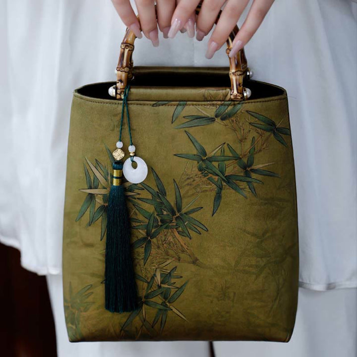 Buddha Stones Yellow Green Bamboo Leaves Bamboo Handles Handbag - image 10
