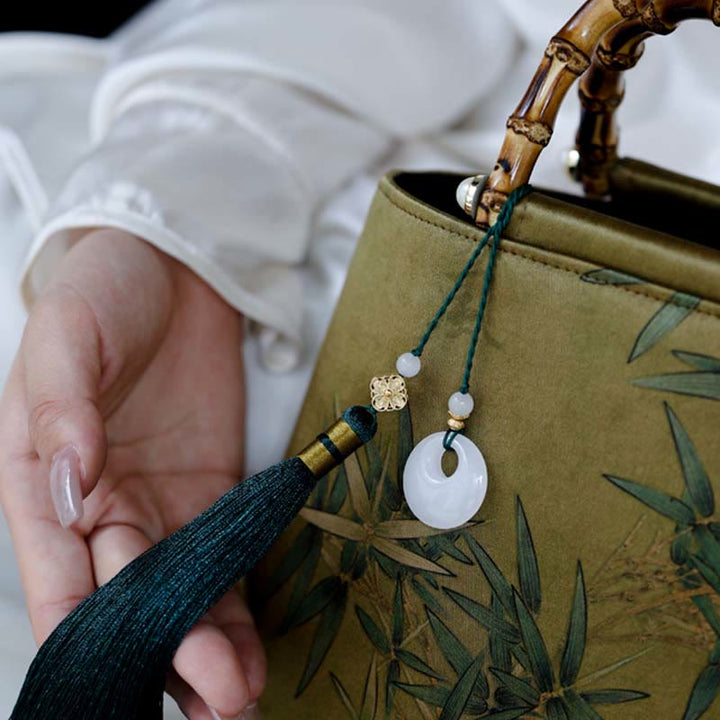 Buddha Stones Yellow Green Bamboo Leaves Bamboo Handles Handbag - image 4