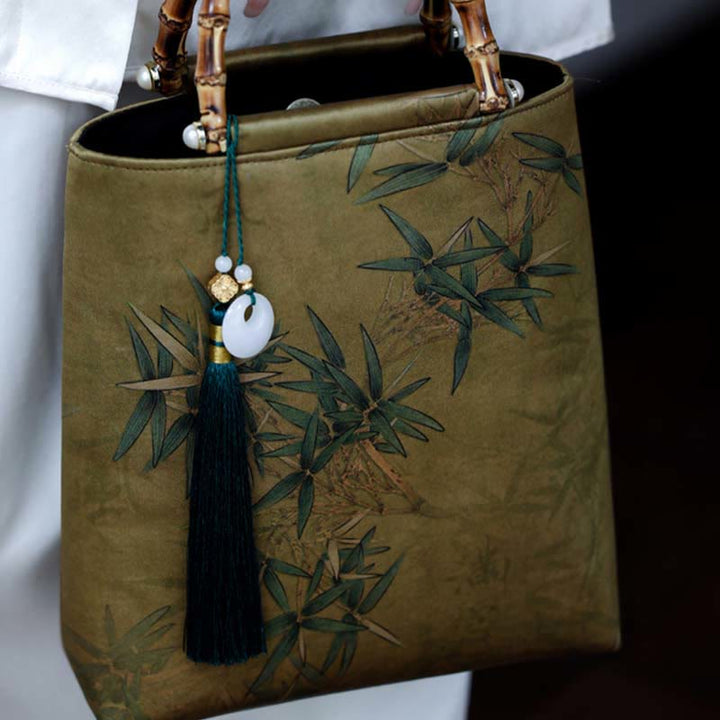 Buddha Stones Yellow Green Bamboo Leaves Bamboo Handles Handbag - image 12