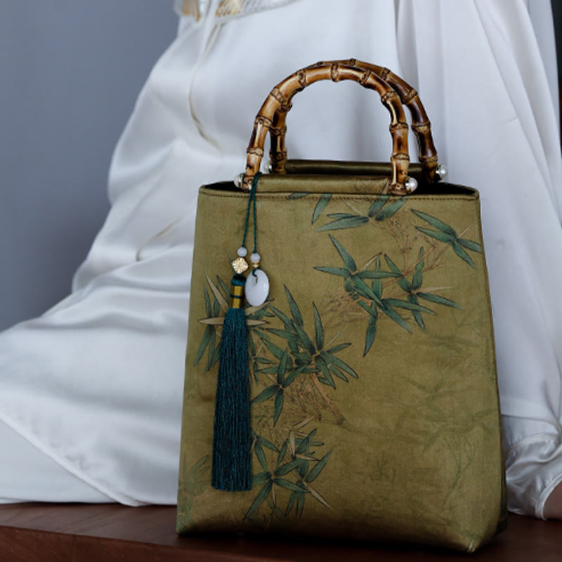 Buddha Stones Yellow Green Bamboo Leaves Bamboo Handles Handbag - image 13