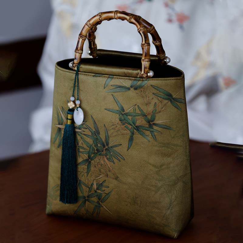 Buddha Stones Yellow Green Bamboo Leaves Bamboo Handles Handbag - image 6