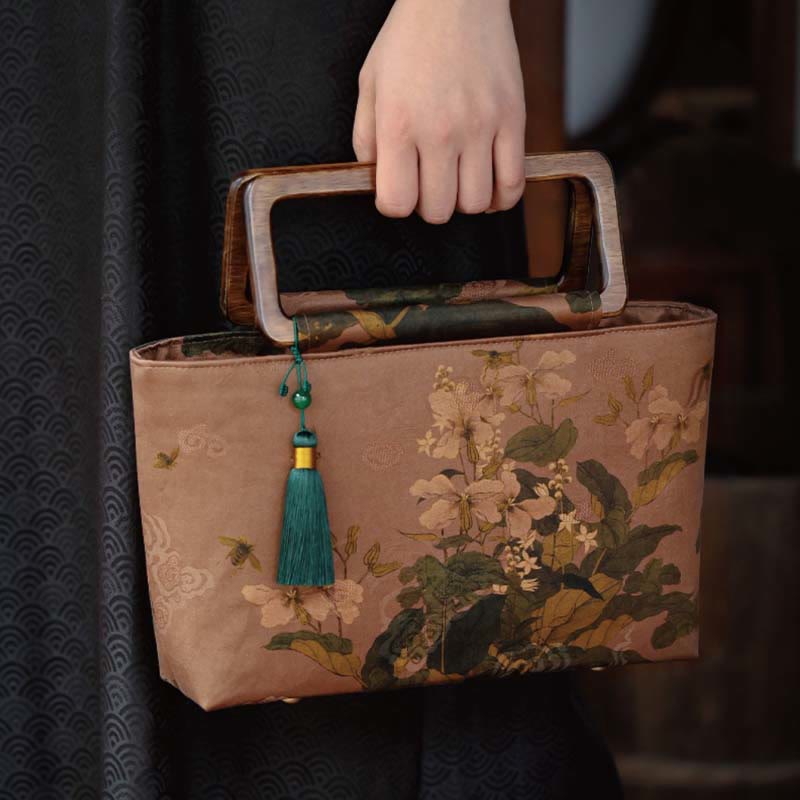 Buddha Stones Vintage Brown Flowers Green Bamboo Leaves Wood Handles Zipper Handbag - Brown Flowers 18*27*9cm - image 0