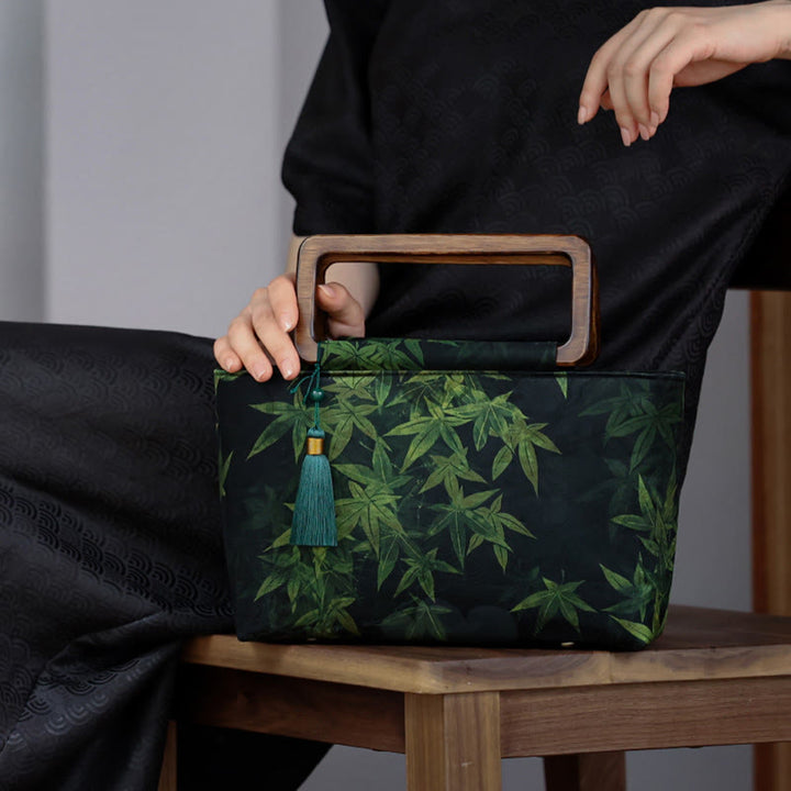 Buddha Stones Vintage Brown Flowers Green Bamboo Leaves Wood Handles Zipper Handbag - Black Bamboo Leaves 18*27*9cm - image 14