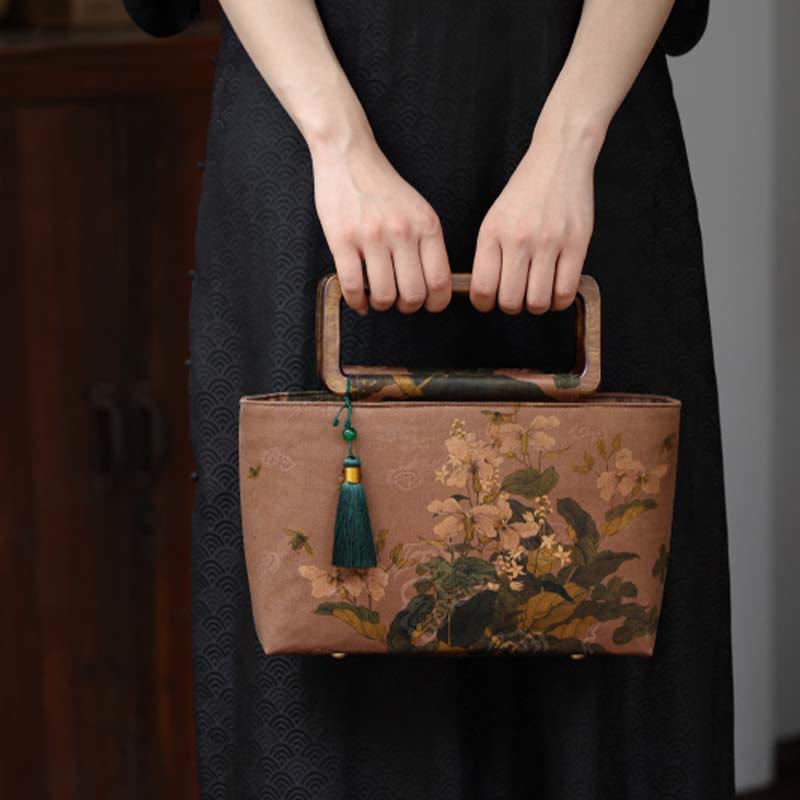 Buddha Stones Vintage Brown Flowers Green Bamboo Leaves Wood Handles Zipper Handbag - image 2