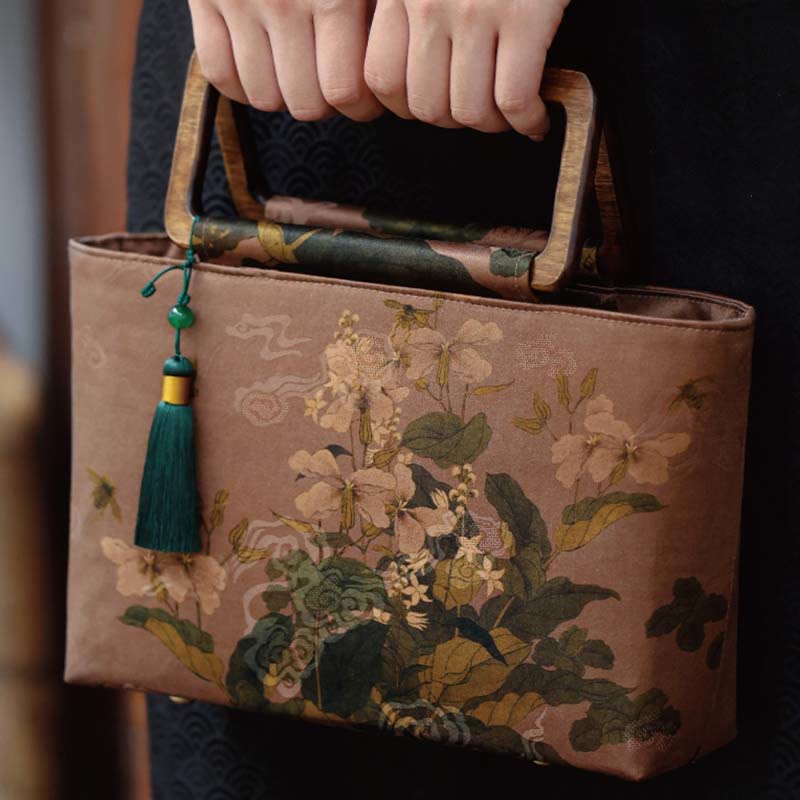 Buddha Stones Vintage Brown Flowers Green Bamboo Leaves Wood Handles Zipper Handbag - image 1
