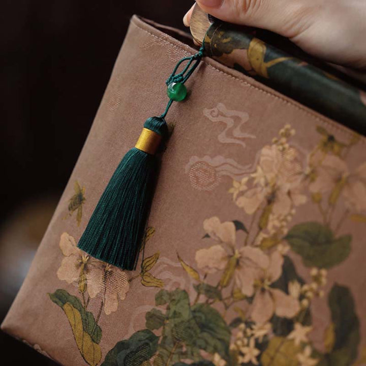 Buddha Stones Vintage Brown Flowers Green Bamboo Leaves Wood Handles Zipper Handbag - image 7
