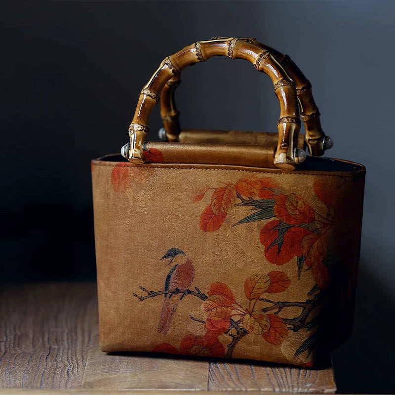 Buddha Stones Yellow Bird Branches Green Peony Flower Bamboo Handles Handbag - image 10