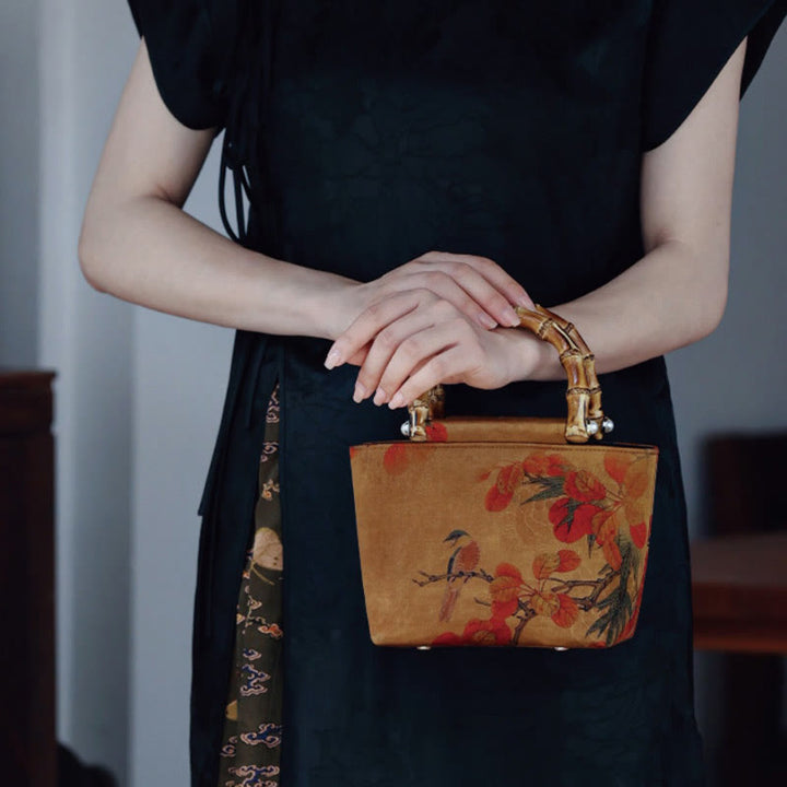 Buddha Stones Yellow Bird Branches Green Peony Flower Bamboo Handles Handbag - image 12