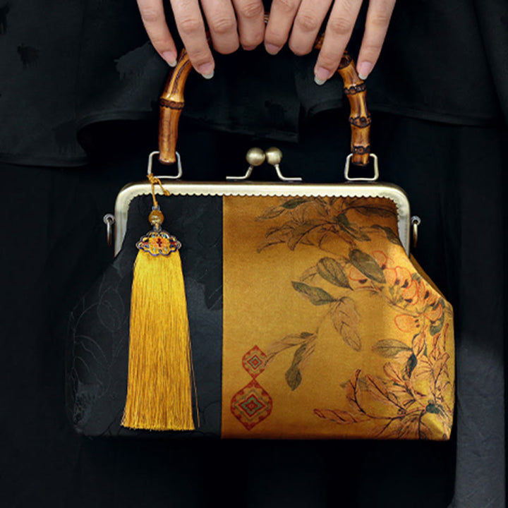 Buddha Stones Leaves Bird Branches Persimmon Flowers Bamboo Handles Handbag - image 7