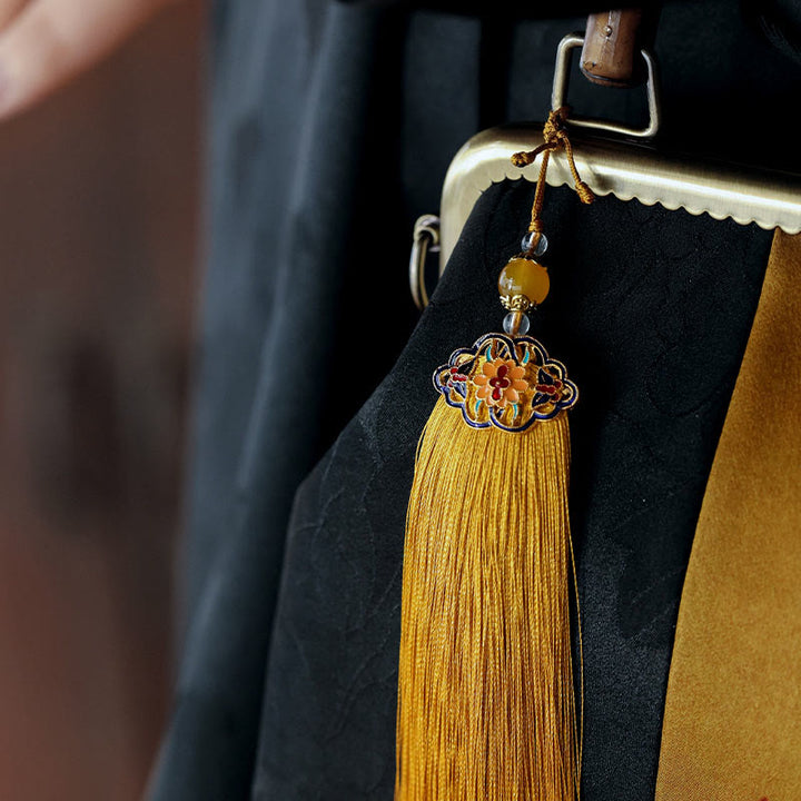 Buddha Stones Leaves Bird Branches Persimmon Flowers Bamboo Handles Handbag - image 4