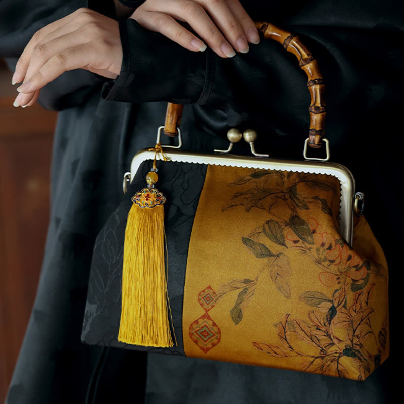 Buddha Stones Leaves Bird Branches Persimmon Flowers Bamboo Handles Handbag - image 6