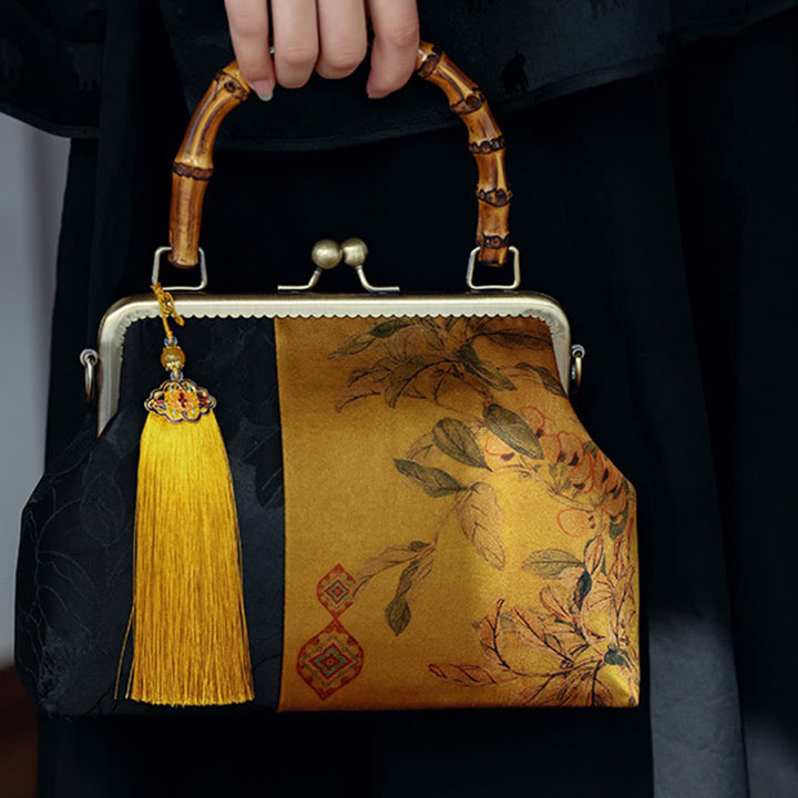 Buddha Stones Leaves Bird Branches Persimmon Flowers Bamboo Handles Handbag - image 8
