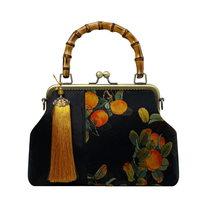 Buddha Stones Leaves Bird Branches Persimmon Flowers Bamboo Handles Handbag - Black Orange Persimmon 26*18*9cm - image 13