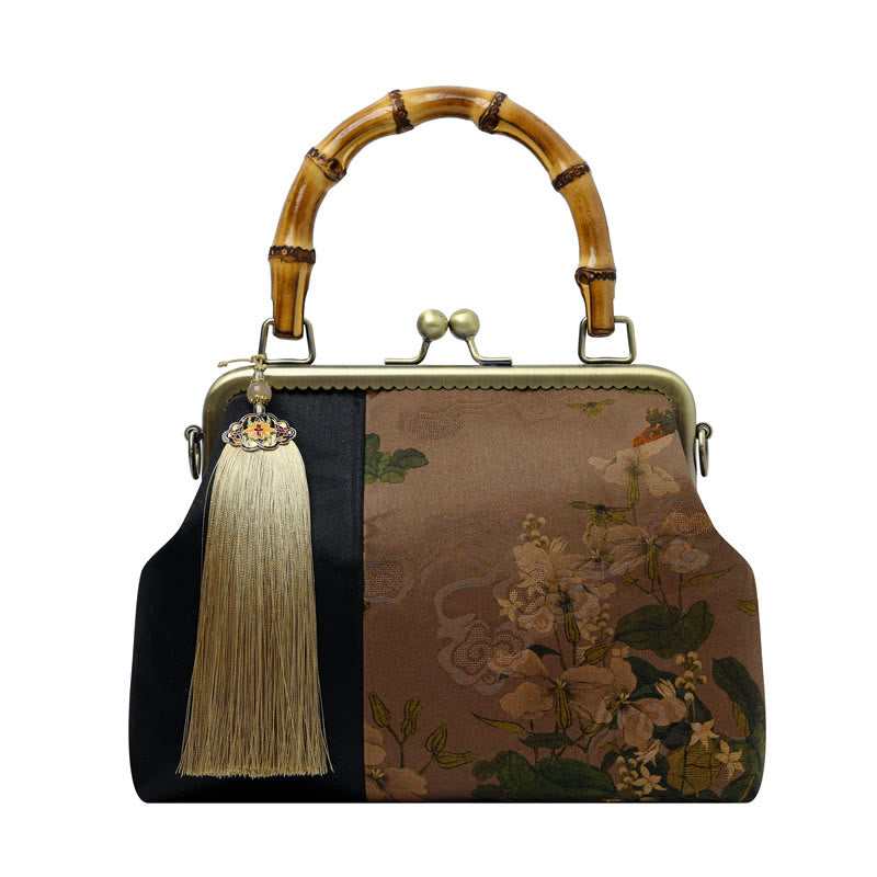Buddha Stones Leaves Bird Branches Persimmon Flowers Bamboo Handles Handbag - Brown Flowers 26*18*9cm - image 14