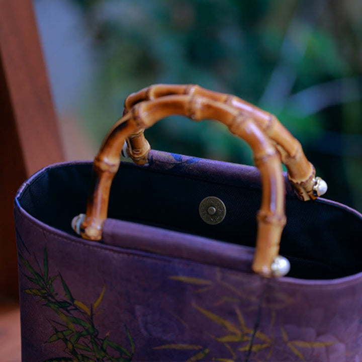 Buddha Stones Purple Magpie Birds Branches Bamboo Handles Handbag - image 2