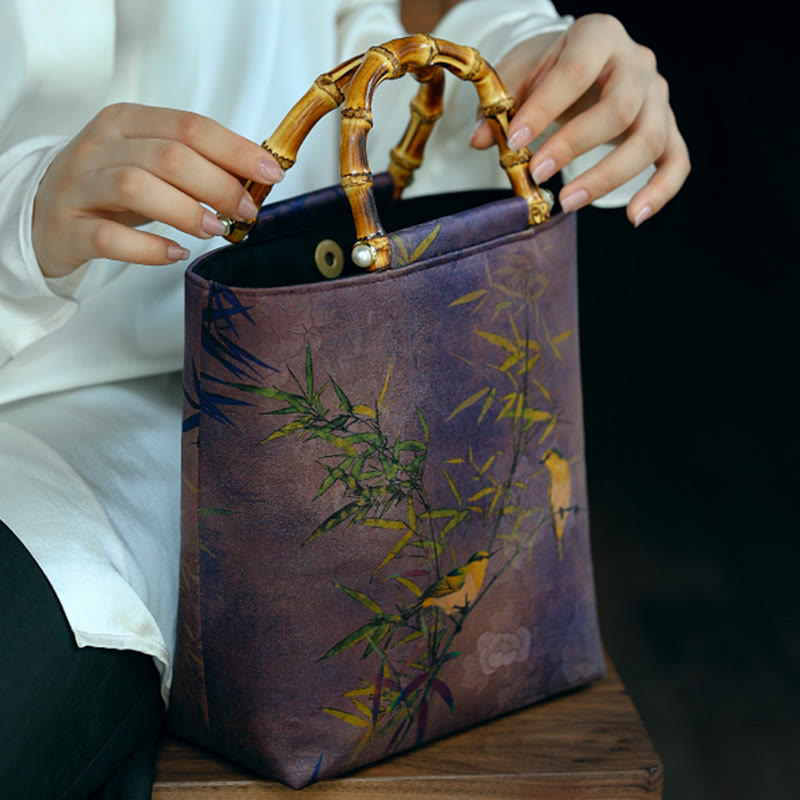 Buddha Stones Purple Magpie Birds Branches Bamboo Handles Handbag - image 15