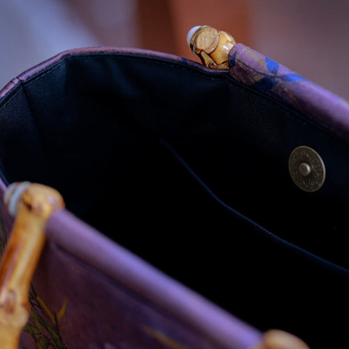 Buddha Stones Purple Magpie Birds Branches Bamboo Handles Handbag - image 3