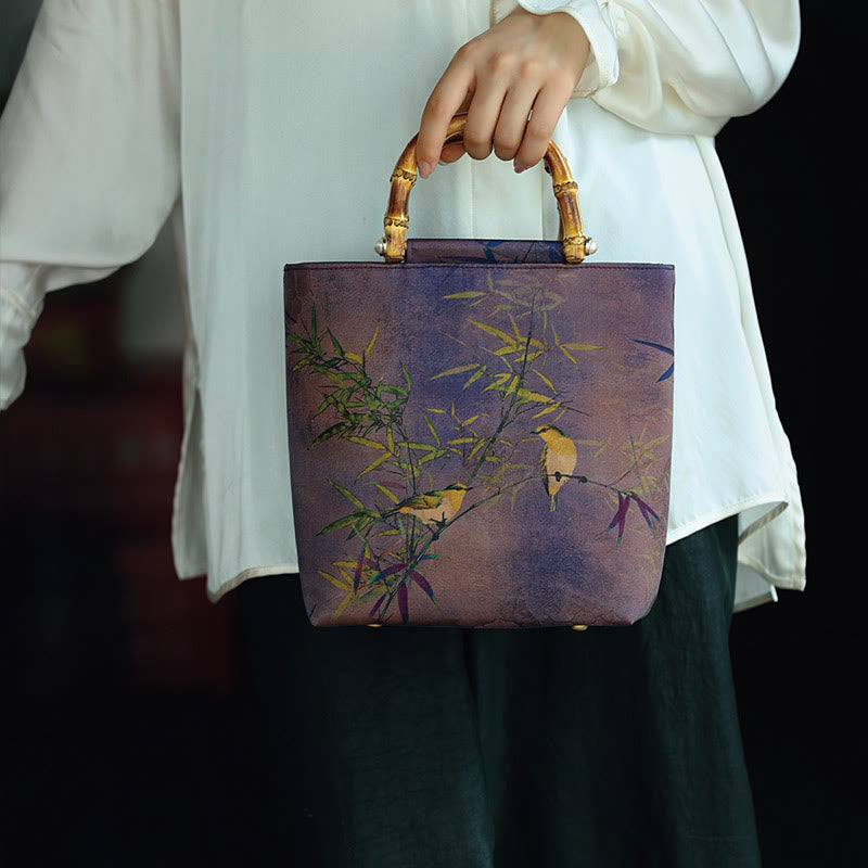 Buddha Stones Purple Magpie Birds Branches Bamboo Handles Handbag - image 11