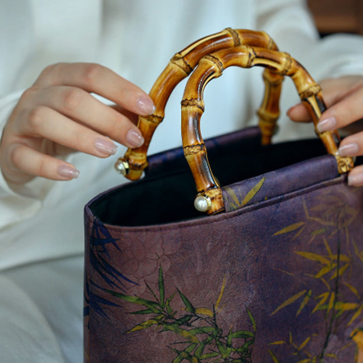 Buddha Stones Purple Magpie Birds Branches Bamboo Handles Handbag - image 4